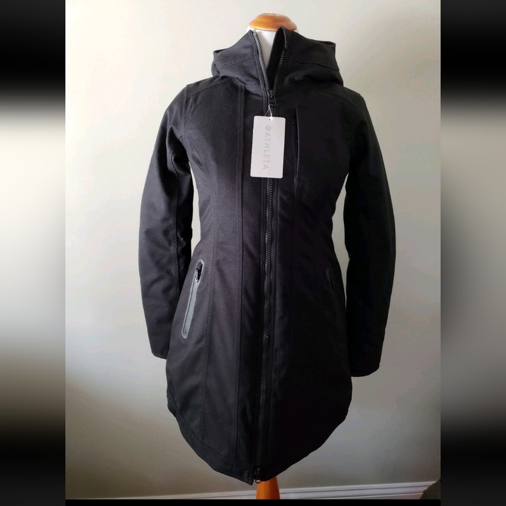 Athleta Cascades Parka Coat Warm Down Waterproof Long Hooded Black $348, XXS New - Picture 1 of 5